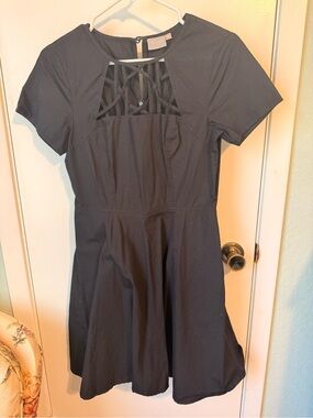 eshakti Black Short-Sleeve Fit-and-Flare Dress with Lattice Yoke